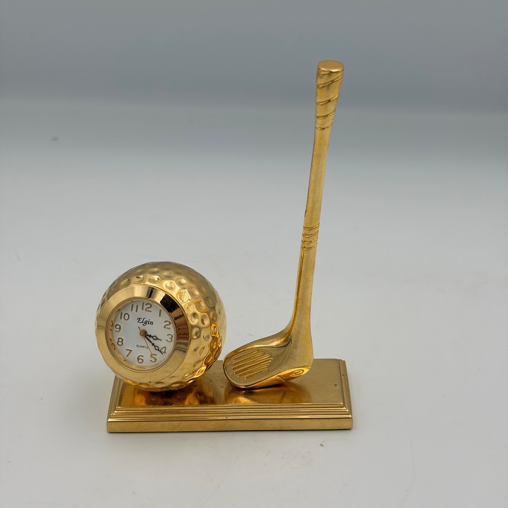 Vintage Elgin Gold Tone Golf Ball and Club Miniature Quartz Desk Clock